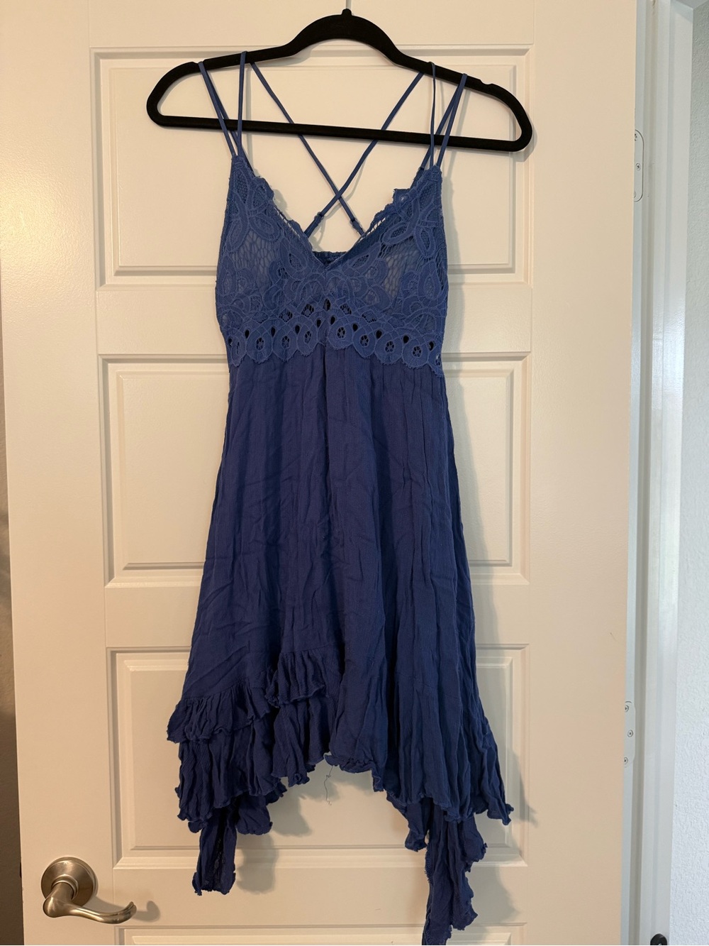 Crisscross Lace Bodice Asymmetrical Hem Dress - Blue